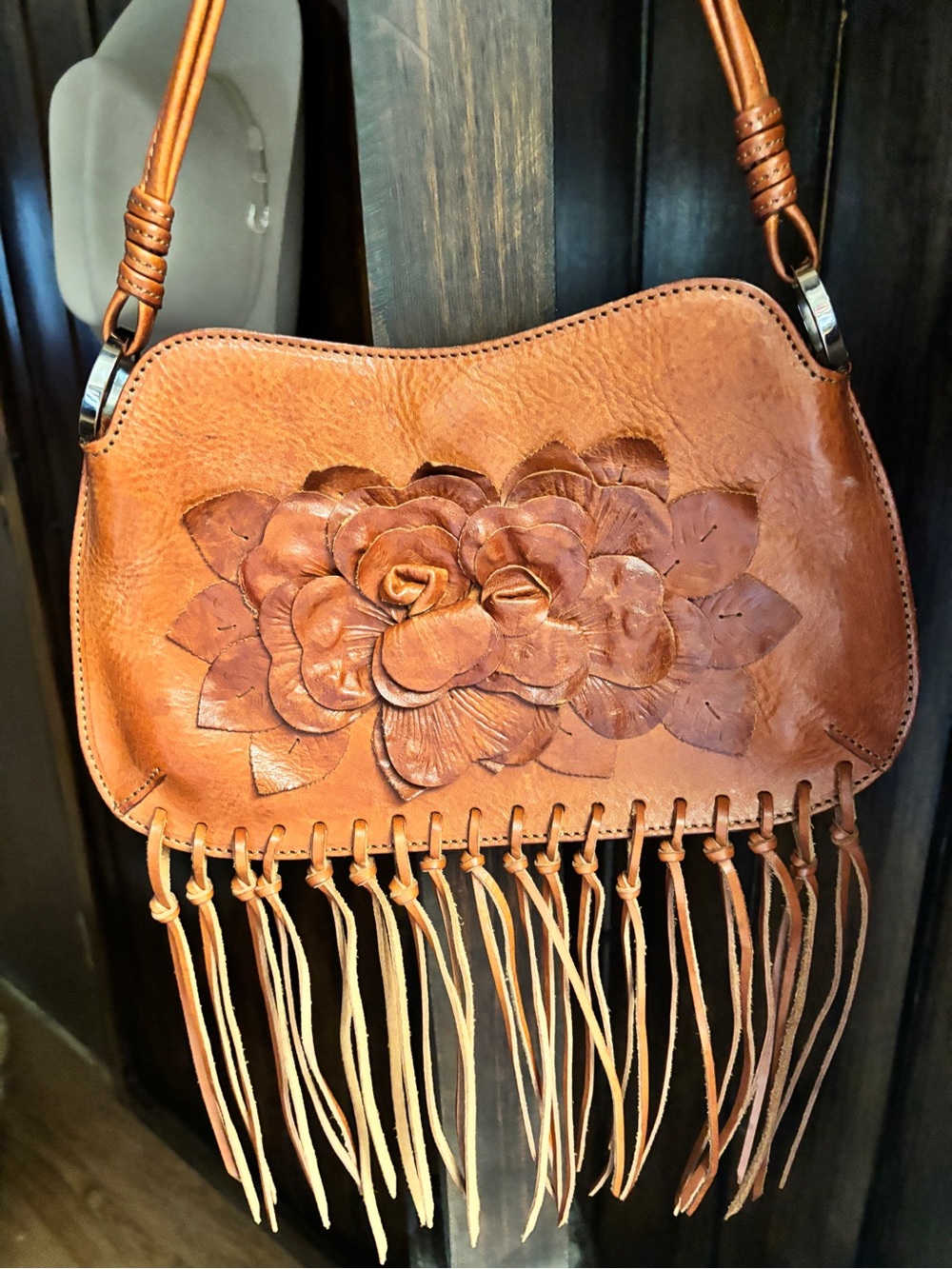VALENTINO- Leather Bag with Floral and Fringe Detail